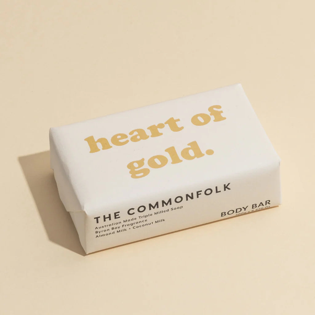 Body bar with 'heart of gold' text on a beige background