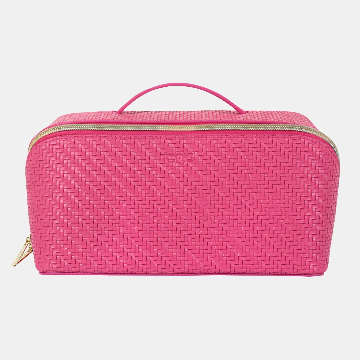 Pink woven cosmetic bag with gold zipper on a light gray background