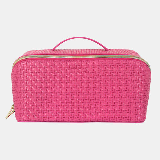 Pink woven cosmetic bag with gold zipper on a light gray background