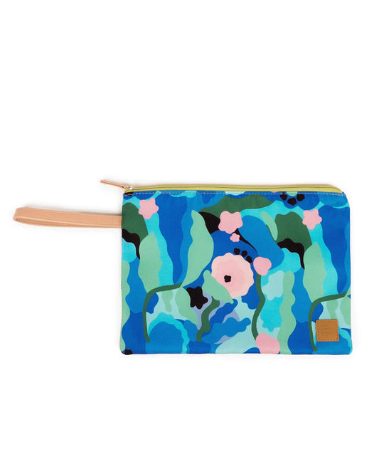 Floral patterned pouch with a blue background on a white background