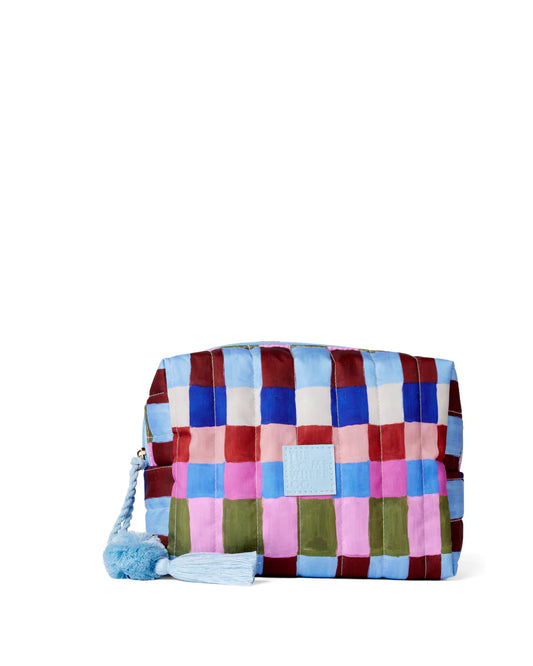 Colorful checkered bag with a blue strap on a white background