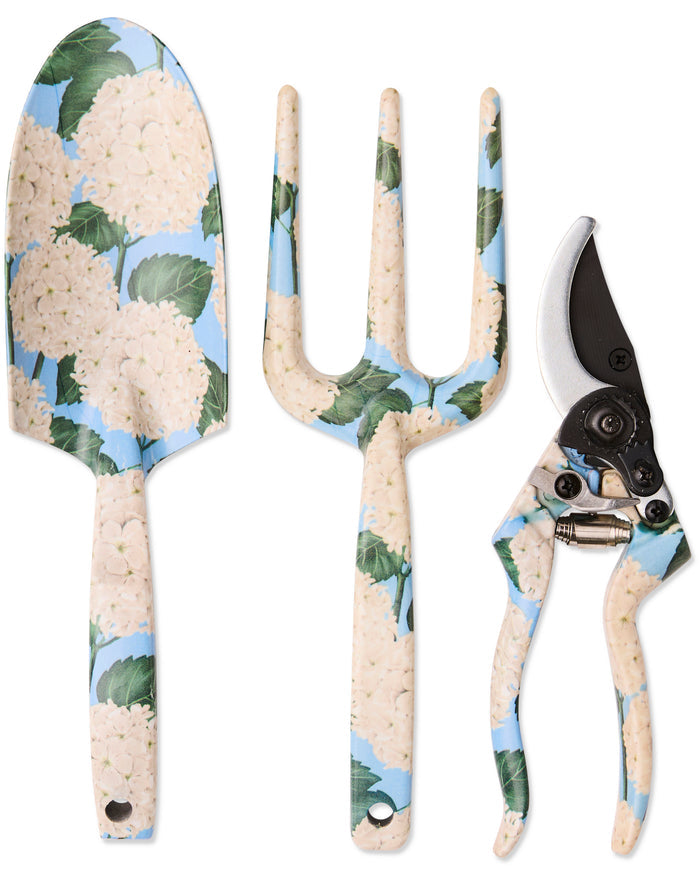Three-piece garden tool set with pruning shears, featuring a light blue and beige floral pattern on the handles and heads, shown against a plain white background.
