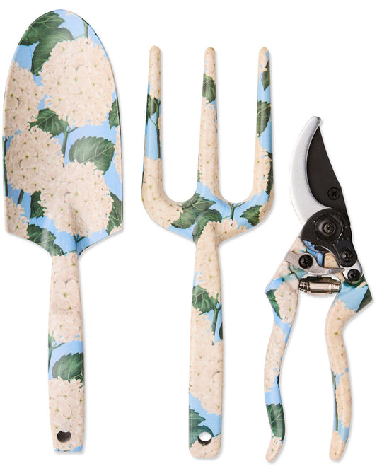 Three-piece garden tool set with pruning shears, featuring a light blue and beige floral pattern on the handles and heads, shown against a plain white background.