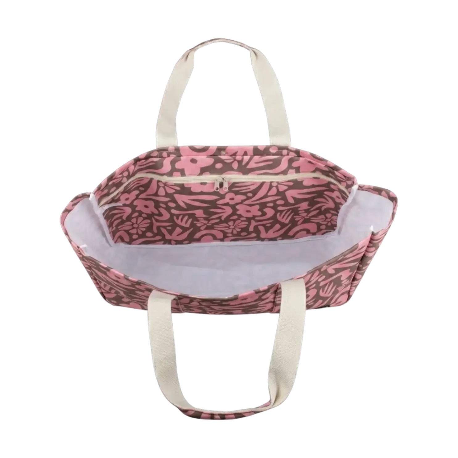 A pink and brown patterned tote bag with cream-colored handles, shown from a top-down view on a white background.