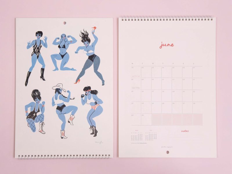 Calendar with illustrations of people in blue outfits on a pink background