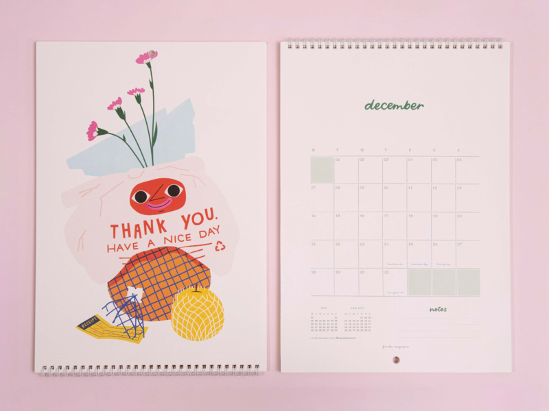 Two calendar pages on a pink background, one with a cartoon design and the other with a grid layout.