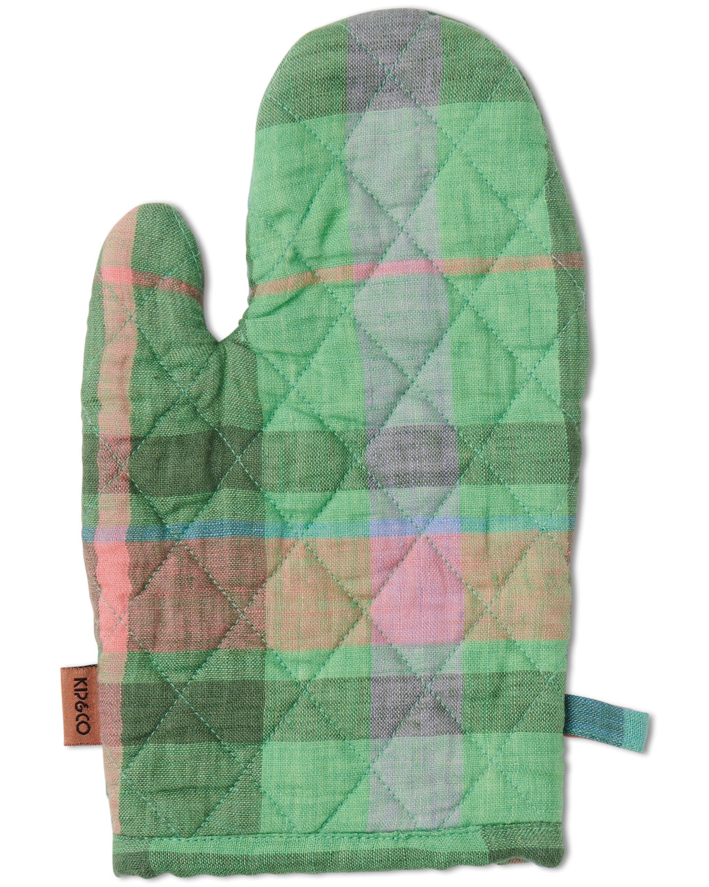 A quilted cotton oven mitt featuring a classic tartan pattern with jewel green tones and a mix of blue, pink, and purple.