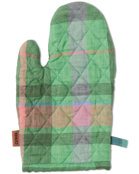 A quilted cotton oven mitt featuring a classic tartan pattern with jewel green tones and a mix of blue, pink, and purple.