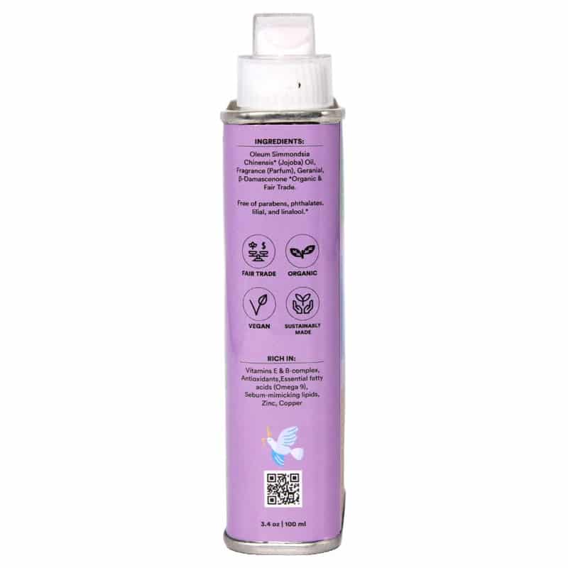 Purple bottle with text and icons on a white background