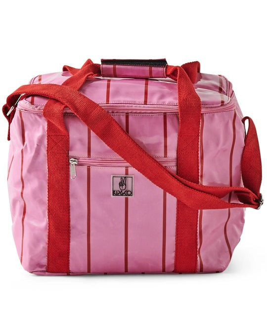 Pink and red striped soft-sided duffel bag with red webbing handles and a front zippered pocket, shown on a white background.