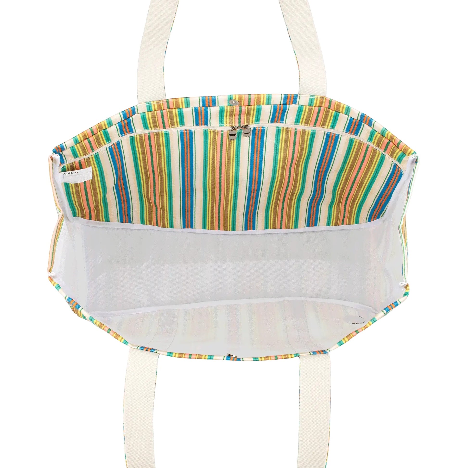 A striped fabric tote bag with a white mesh front pocket and cream-colored shoulder straps, shown against a plain white background.