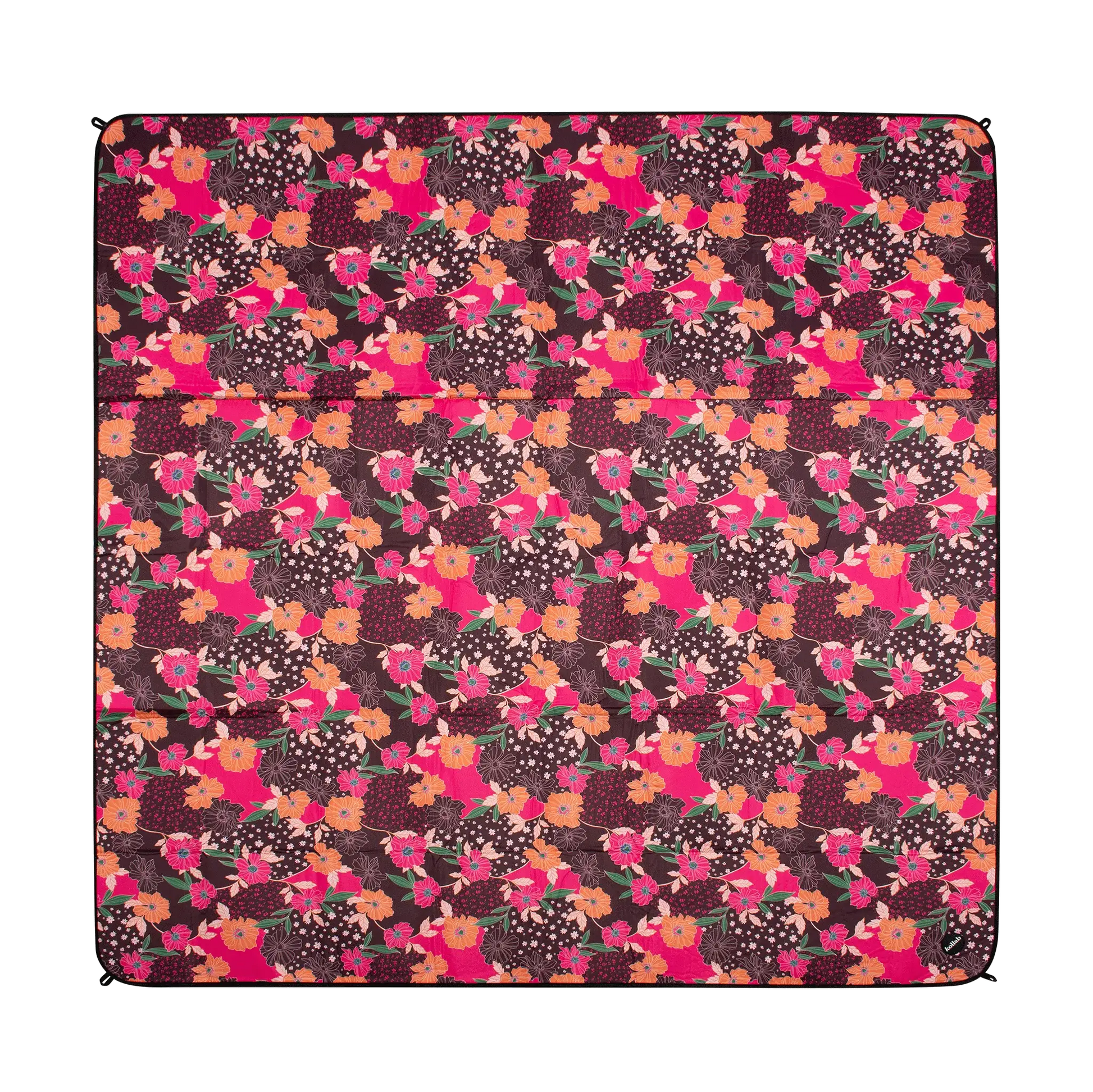 Floral patterned fabric with pink and orange flowers on a dark background