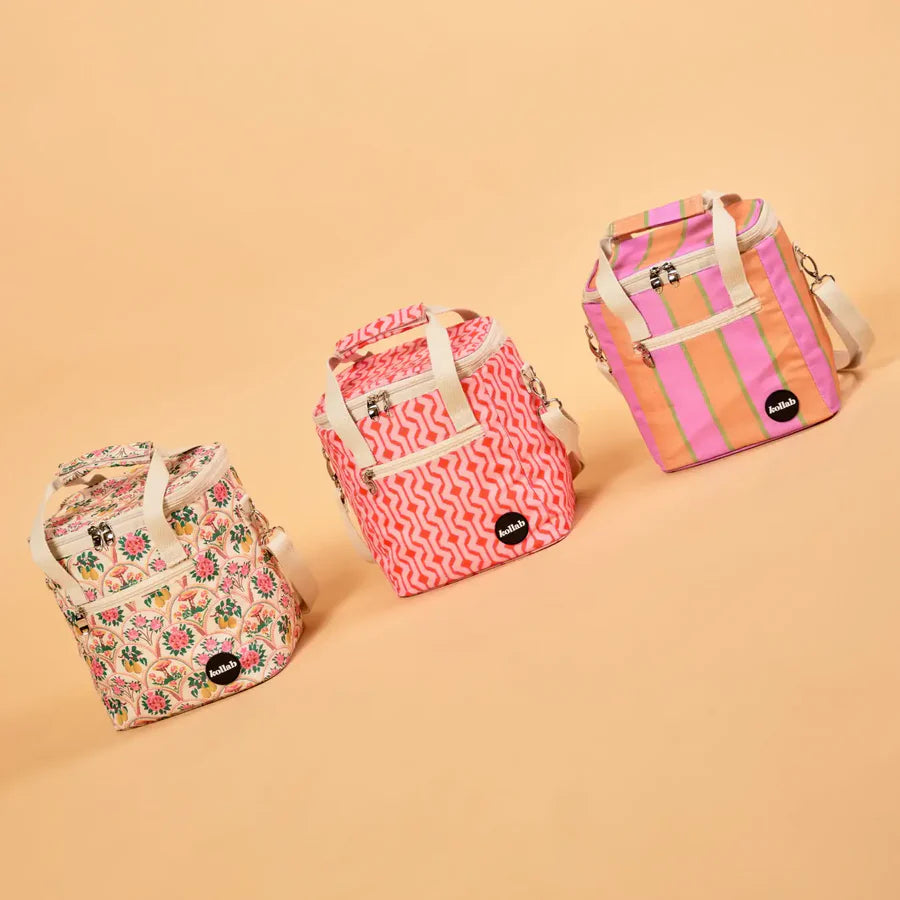 Three mini coolers in assorted colours on peach background
