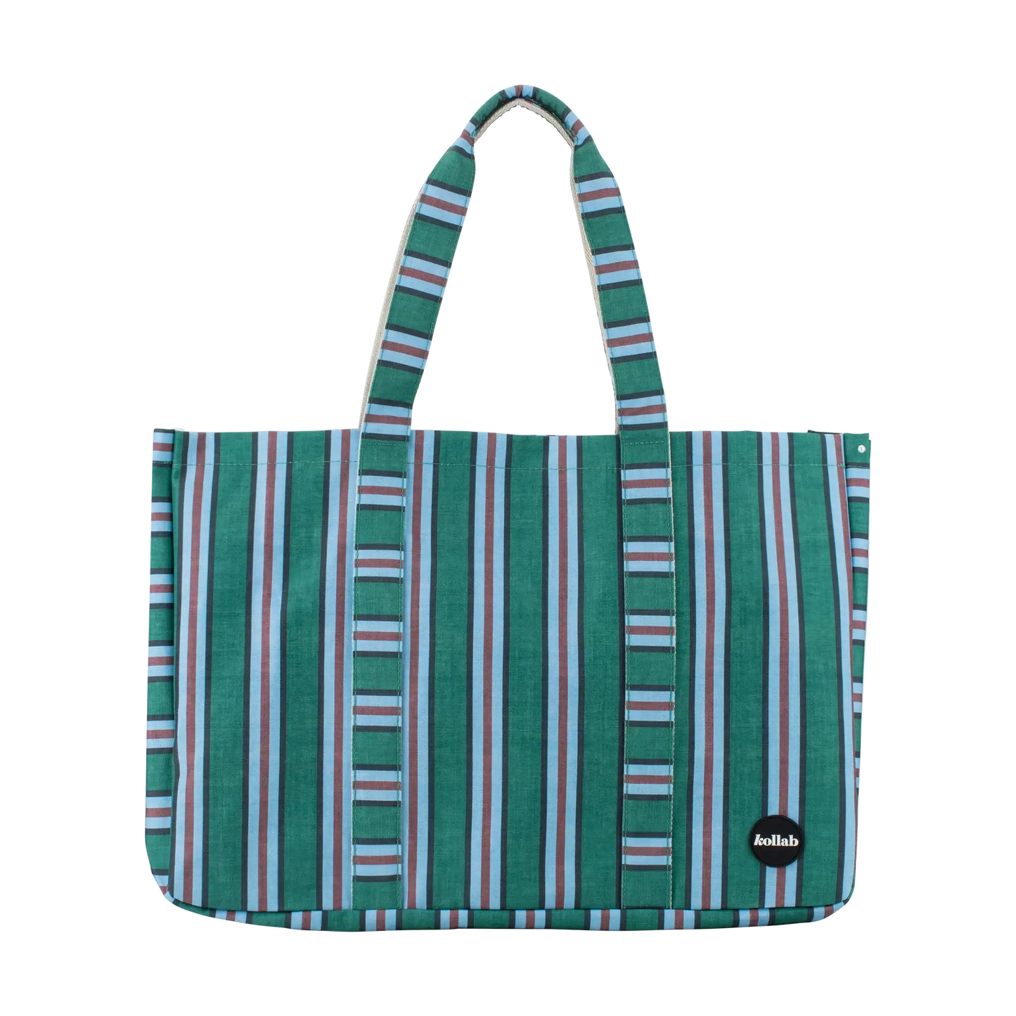 A striped tote bag with green, white, and light blue vertical stripes, featuring dual top handles and a small black circular 'ballade' brand patch on the lower right corner, set against a plain white background.