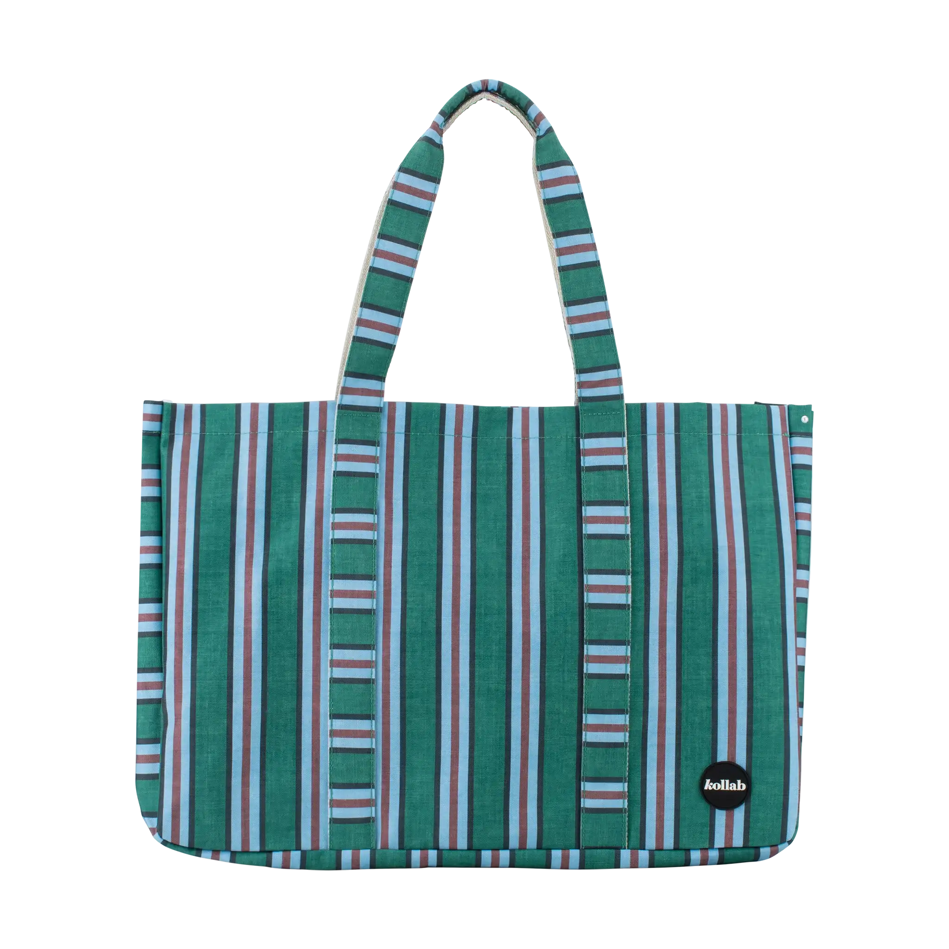 A striped tote bag with green, white, and light blue vertical stripes, featuring dual top handles and a small black circular 'ballade' brand patch on the lower right corner, set against a plain white background.