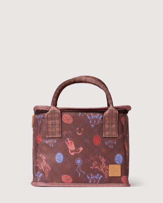 Brown patterned handbag with decorative elements on a light gray background