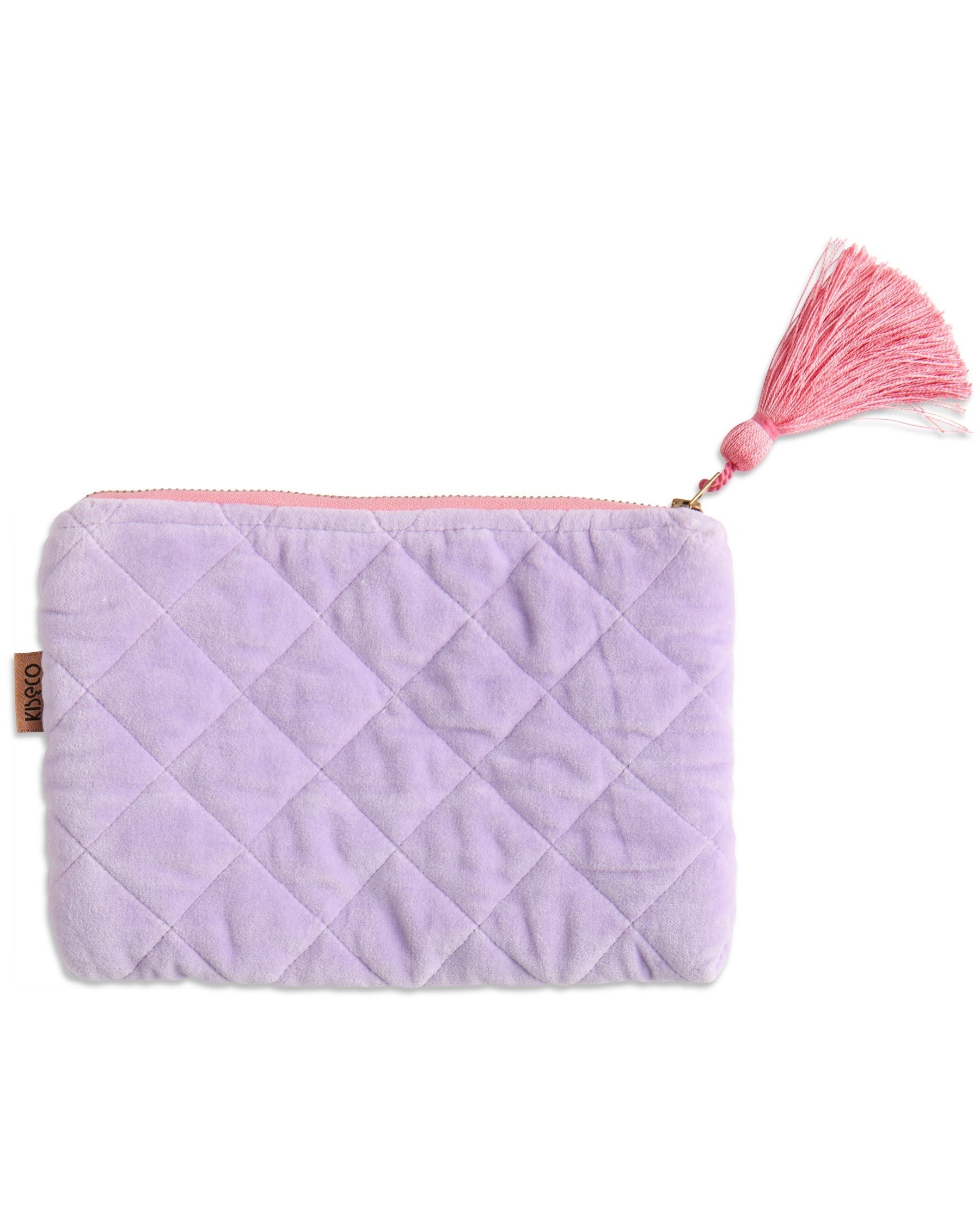 Quilted purple pouch with a pink zipper and tassel on a white background