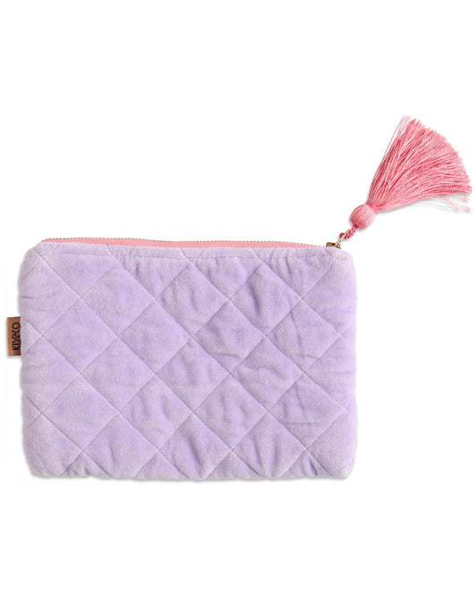 Quilted purple pouch with a pink zipper and tassel on a white background