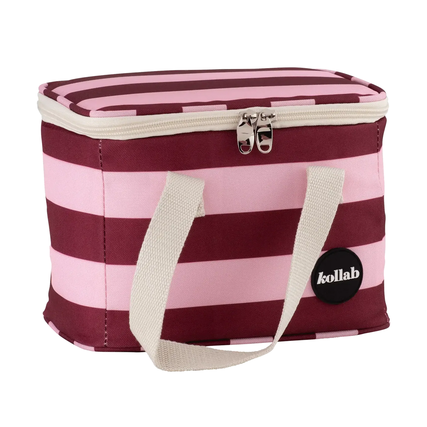 Pink and purple striped cooler bag with a visible brand logo on a white background