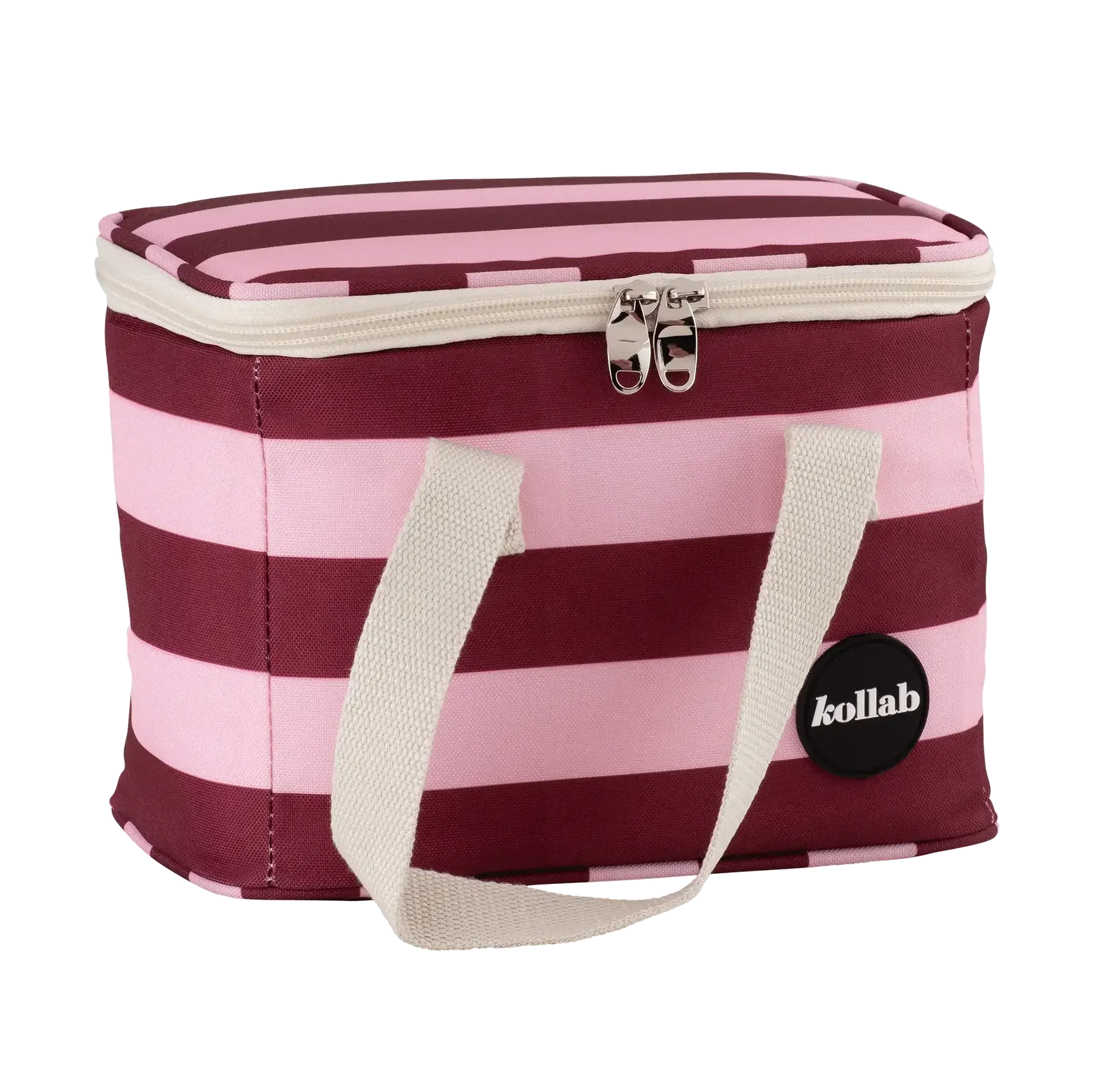 Pink and purple striped cooler bag with a visible brand logo on a white background