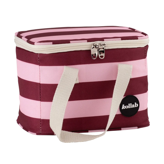Pink and purple striped cooler bag with a visible brand logo on a white background