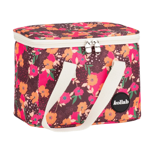 Floral-patterned cooler bag with 'kollab' branding on a white background