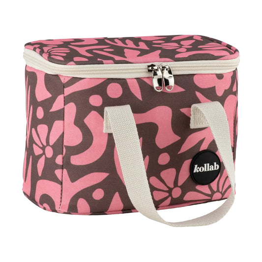 Pink and brown floral patterned cooler bag with a visible brand logo on a white background