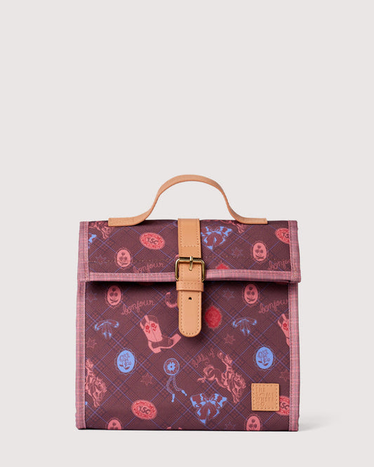 Lunch bag burgundy base with pink, red and blue accents.