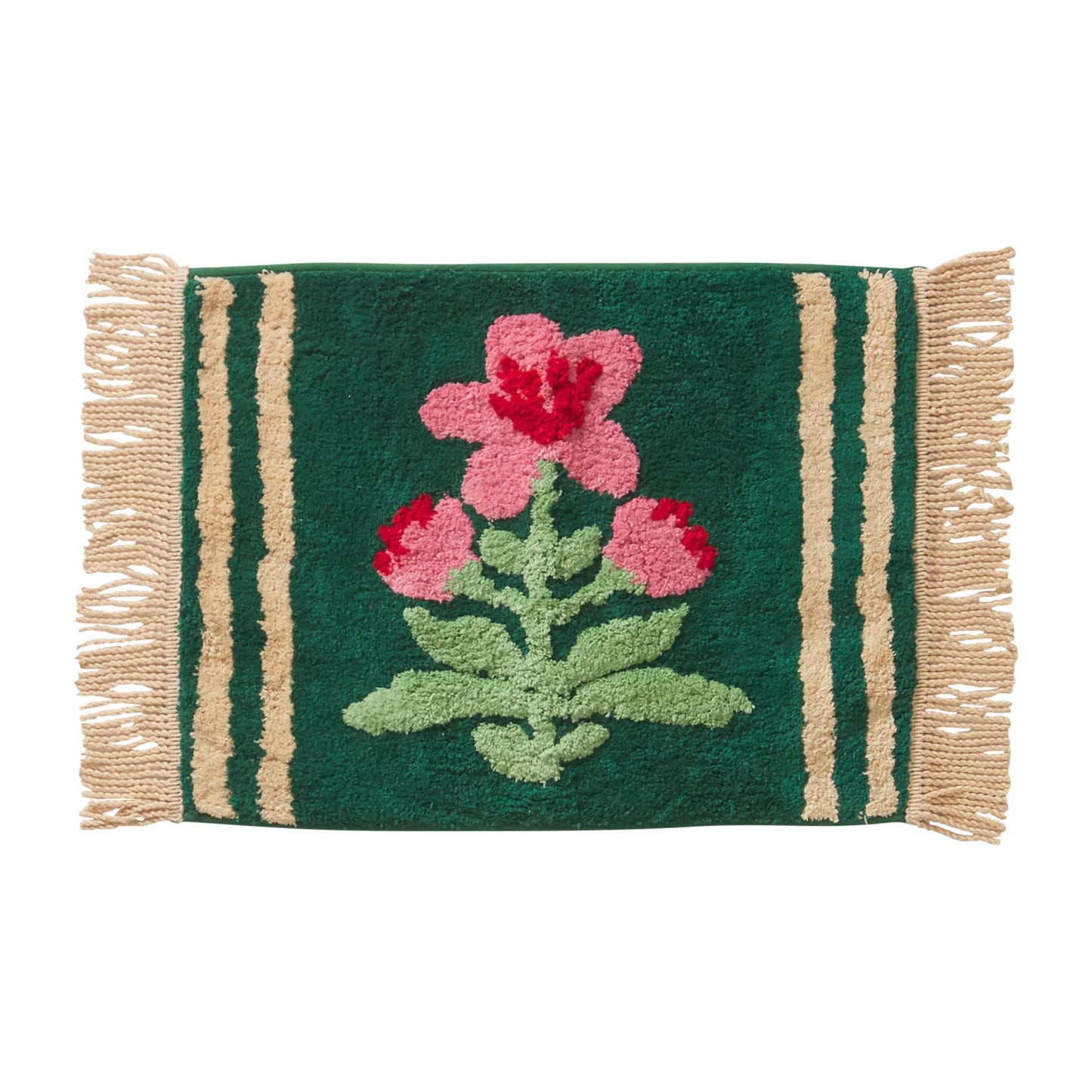 Green rug with pink floral design and beige stripes on a white background
