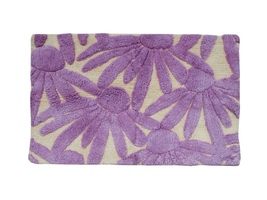 Purple floral patterned bath mat with cream coloured base, on a white background.