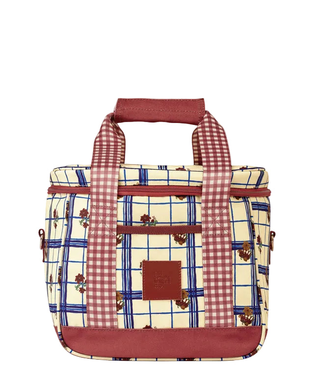 Plaid bag with checkered straps on a light gray background