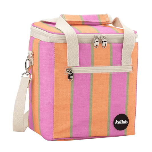 Colorful striped cooler bag with a visible brand logo on a white background