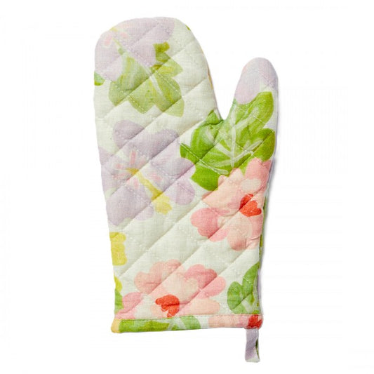 A colorful floral oven mitt with a quilted finish and a tie on the wrist.