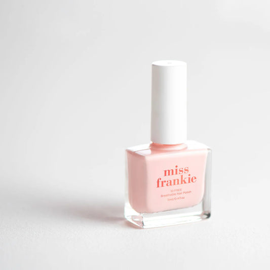 Pink nail polish bottle with 'miss frankie' label on a white background. Secret Soiree name, pale pink colour. Available at Hello Darling, Albury Wodonga Beechworth and Bright.