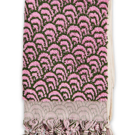 Hand Towel with pink and green pattern on a white background