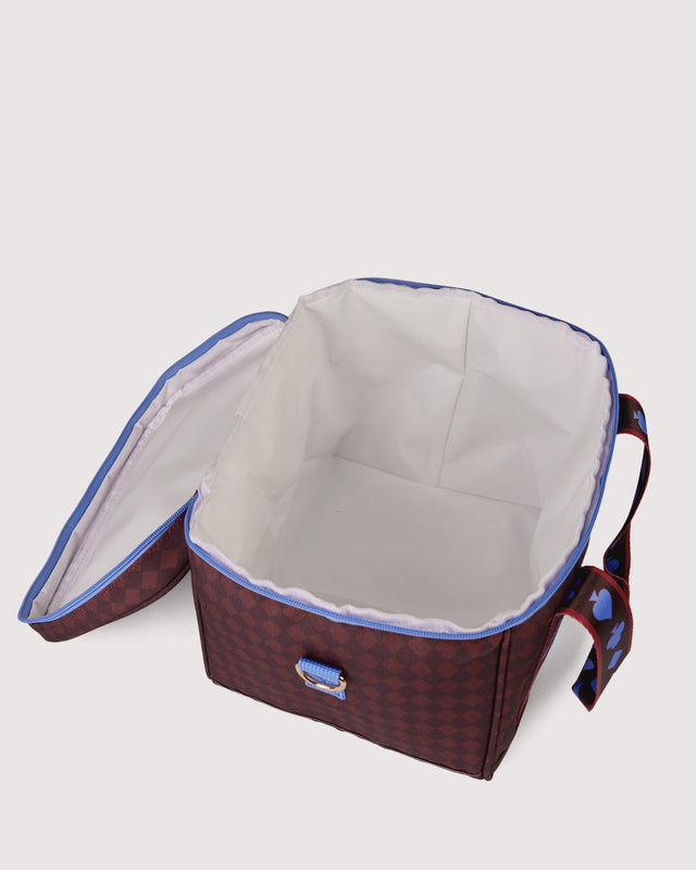 Open fabric cooler bag with a checkered pattern on a white background