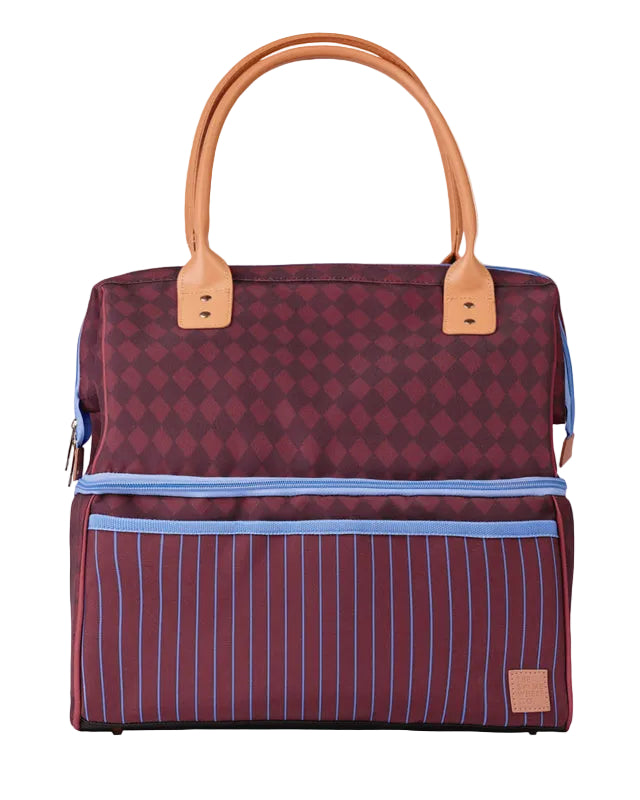 Multifunctional bag with maroon patterned main compartment and striped side pocket on a light gray background