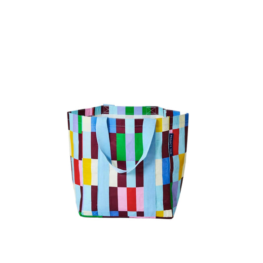 Colorful striped tote bag on a white background