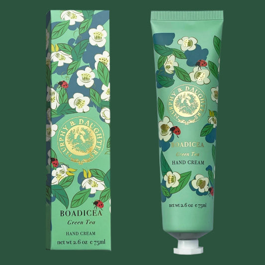 Packaging of BOADICEA Green Tea hand cream featuring floral patterns and the product tube with green branding, both displayed vertically.