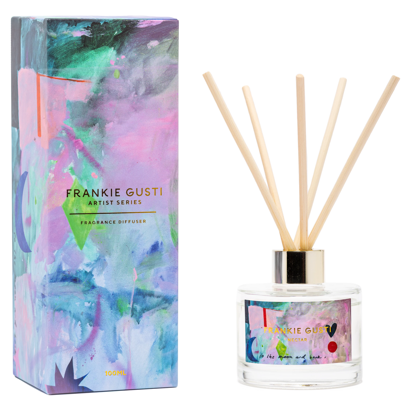 Frankie Gusti fragrance diffuser with colorful packaging on a white background