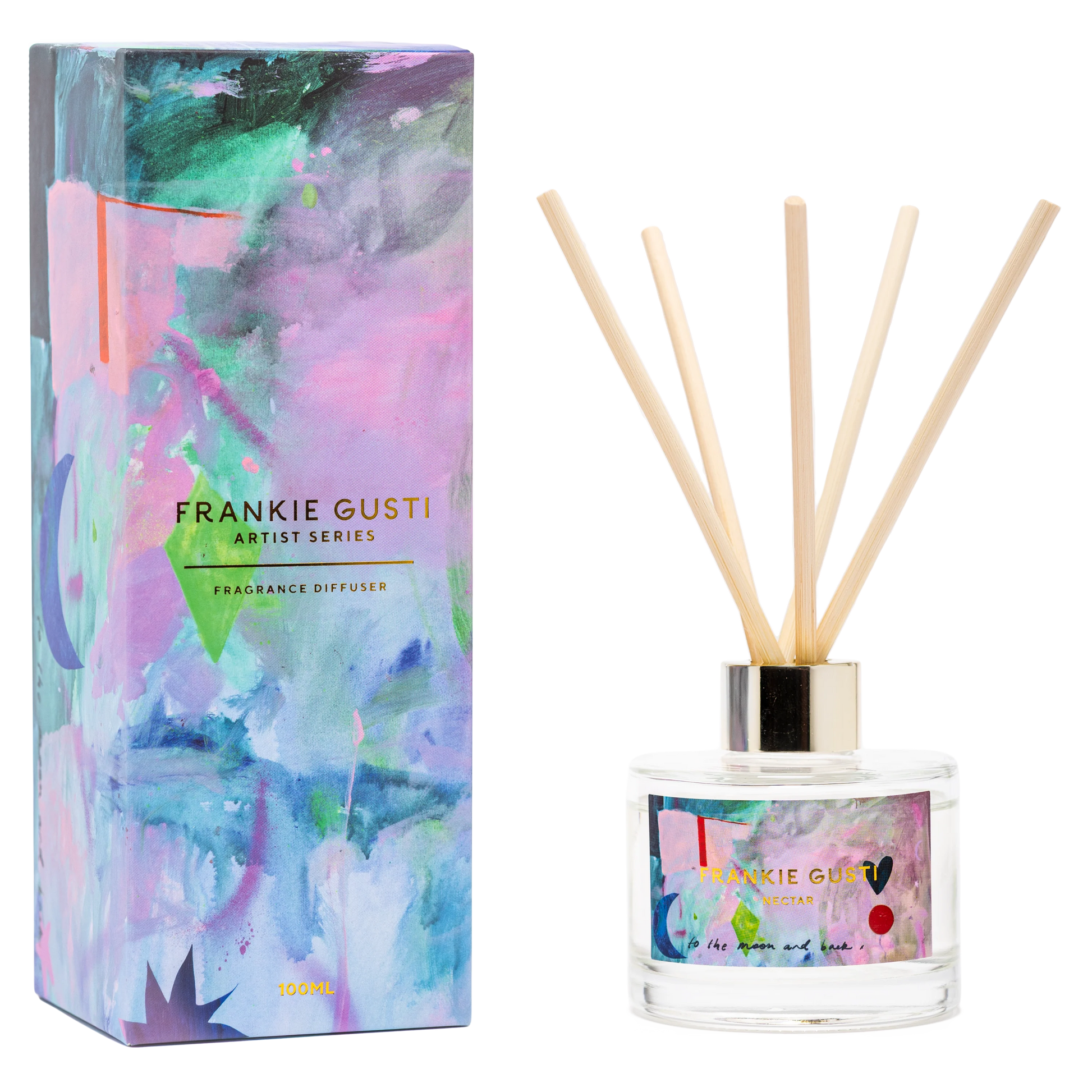 Frankie Gusti fragrance diffuser with colorful packaging on a white background