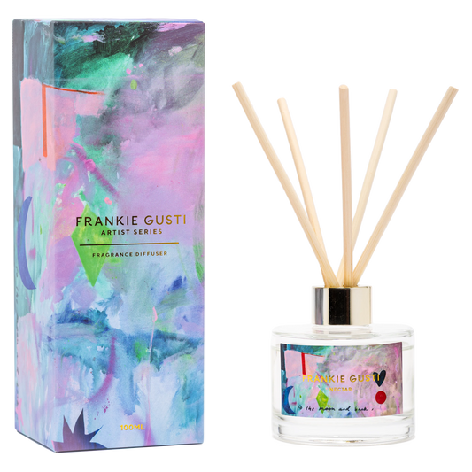 Frankie Gusti fragrance diffuser with colorful packaging on a white background
