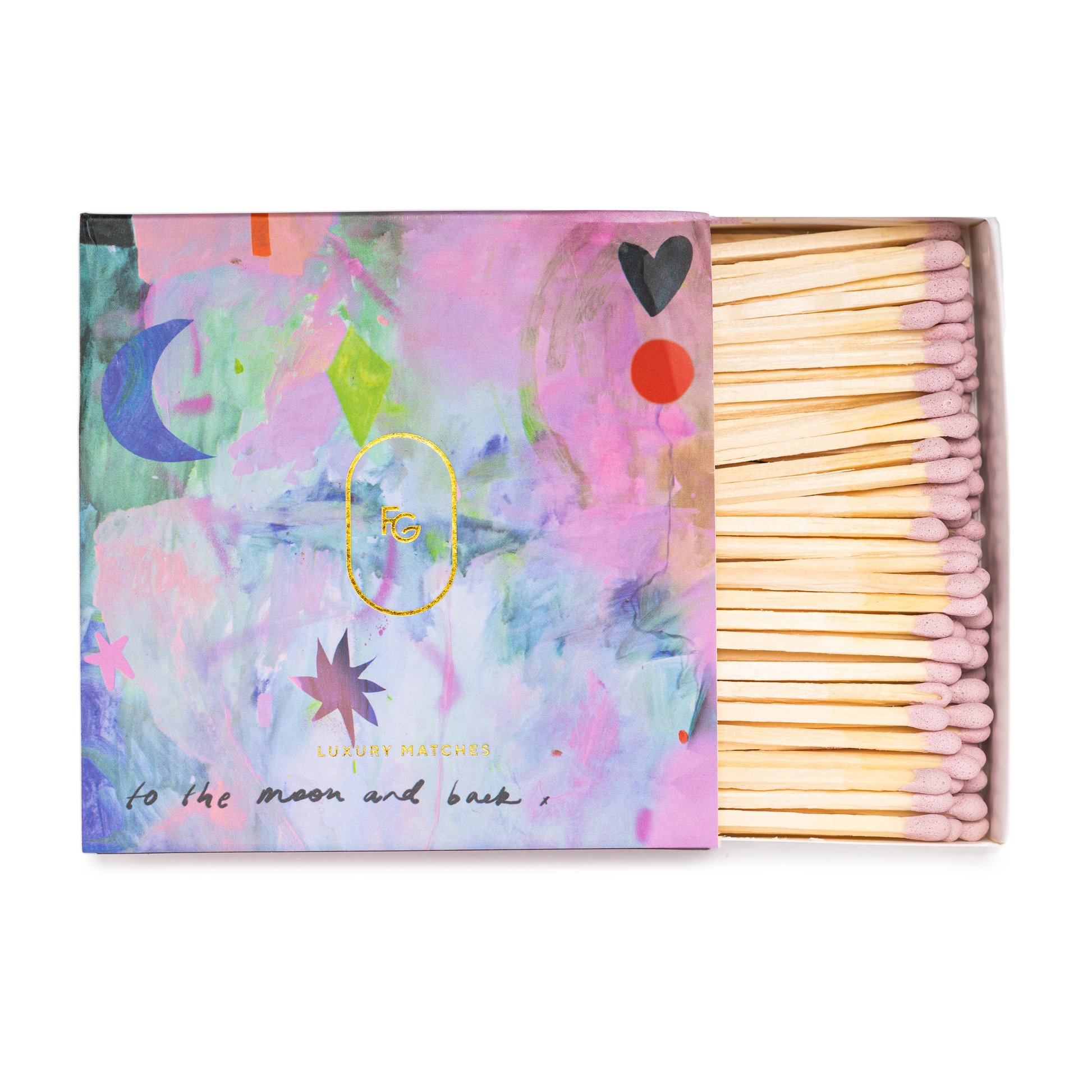 Matches with colorful packaging featuring abstract designs and text.