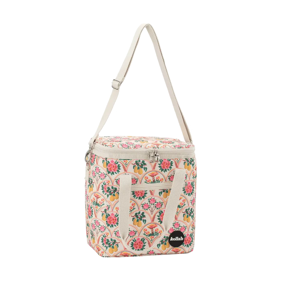 Floral needlepoint pattern cooler bag with white long strap