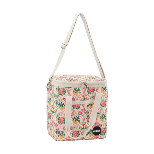 Floral needlepoint pattern cooler bag with white long strap