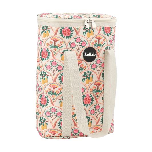 Floral-patterned bag with a visible brand logo on a white background