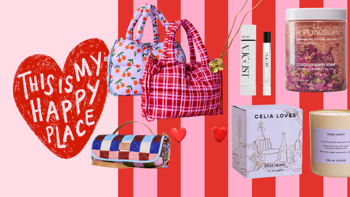 Collage of bags, candles, and products with a heart and text on a striped background