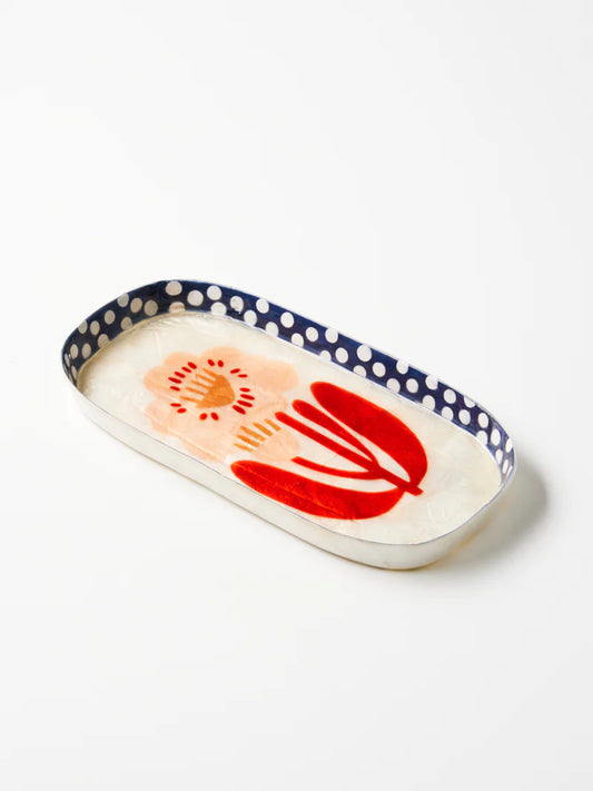 Rectangular tray with floral design and polka dot border on a white background