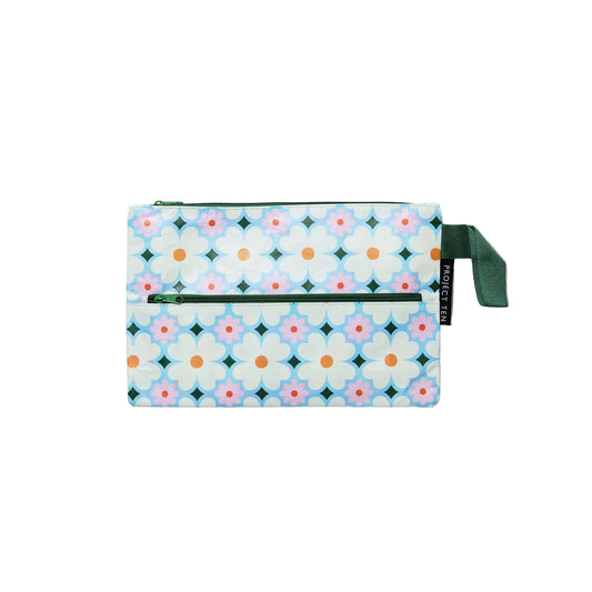 Floral patterned pouch with a strap on a light gray background