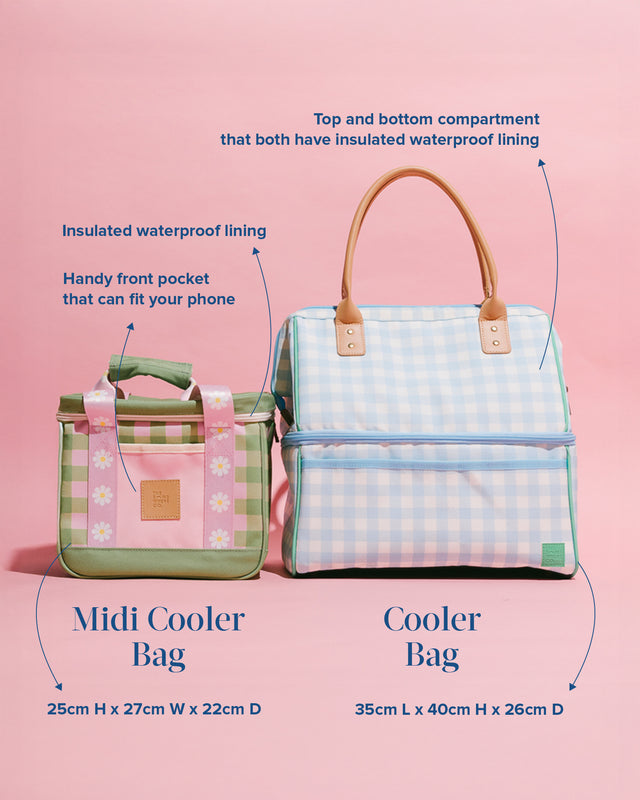 Two cooler bags, a Midi Cooler Bag and a Cooler Bag, on a pink background with product details.
